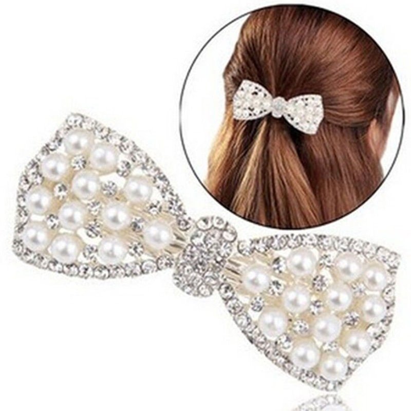 UsmallLifes King Women Trendy Pearl Bow Hair Accessories Girls High-grade Grace Temperament Crystal Inlay Horsetail Clip US Mall Lifes