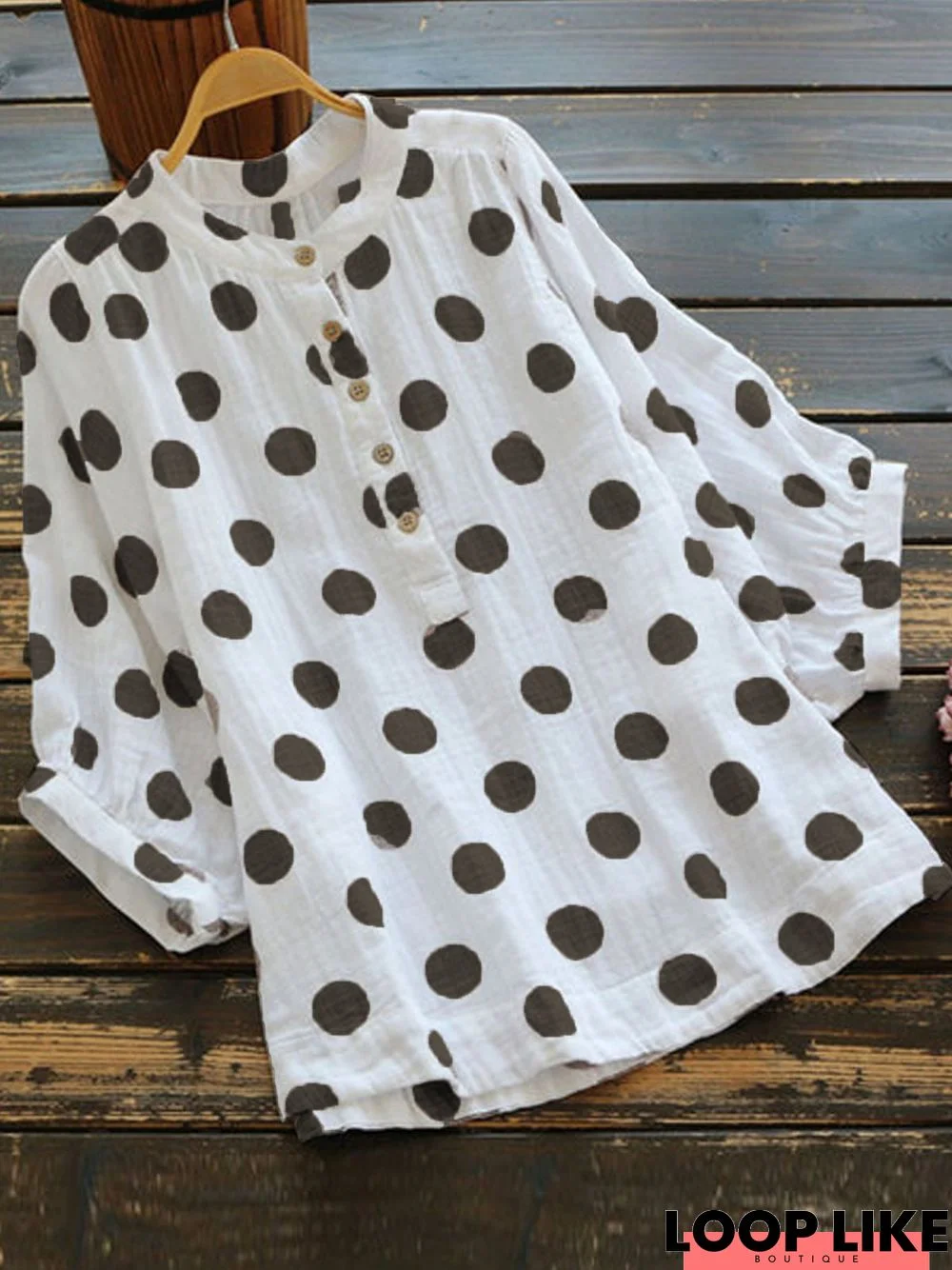 V Neck Polka Dots Cotton Casual Blouses