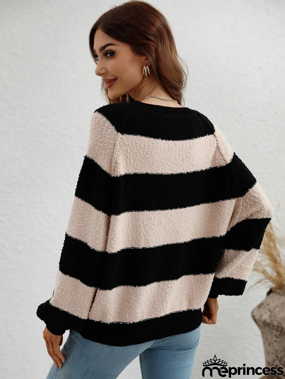 Winter women's Patchwork striped knitting shirt pullover loose sweater women