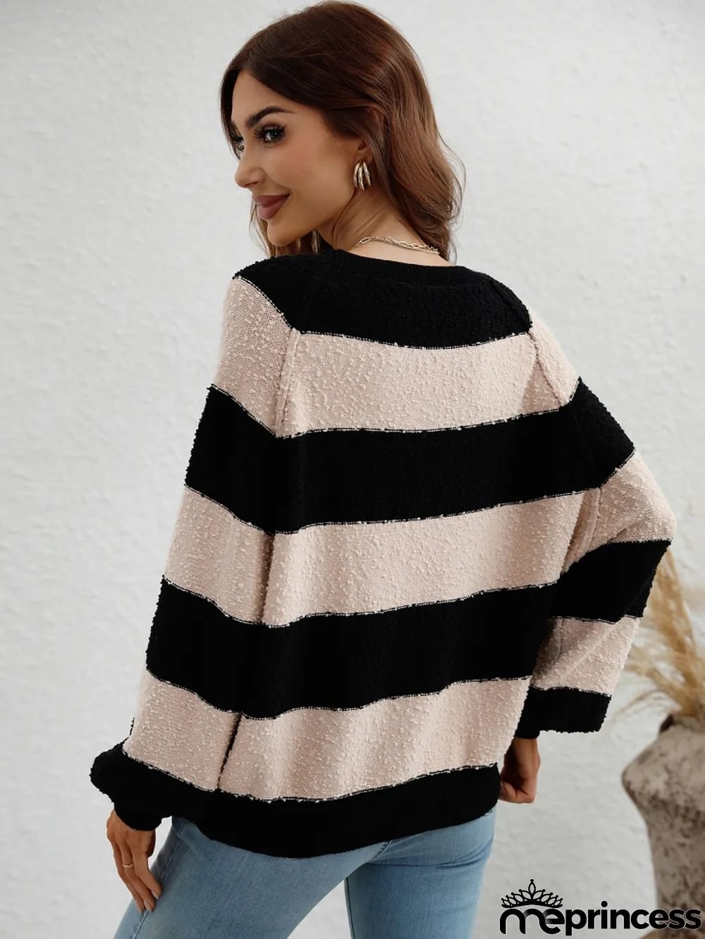 Winter women's Patchwork striped knitting shirt pullover loose sweater women