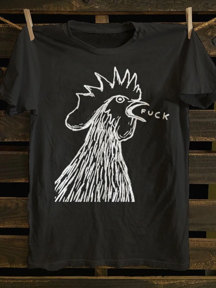 Men's Stick Figure Chicken Print Cotton Casual T-Shirt