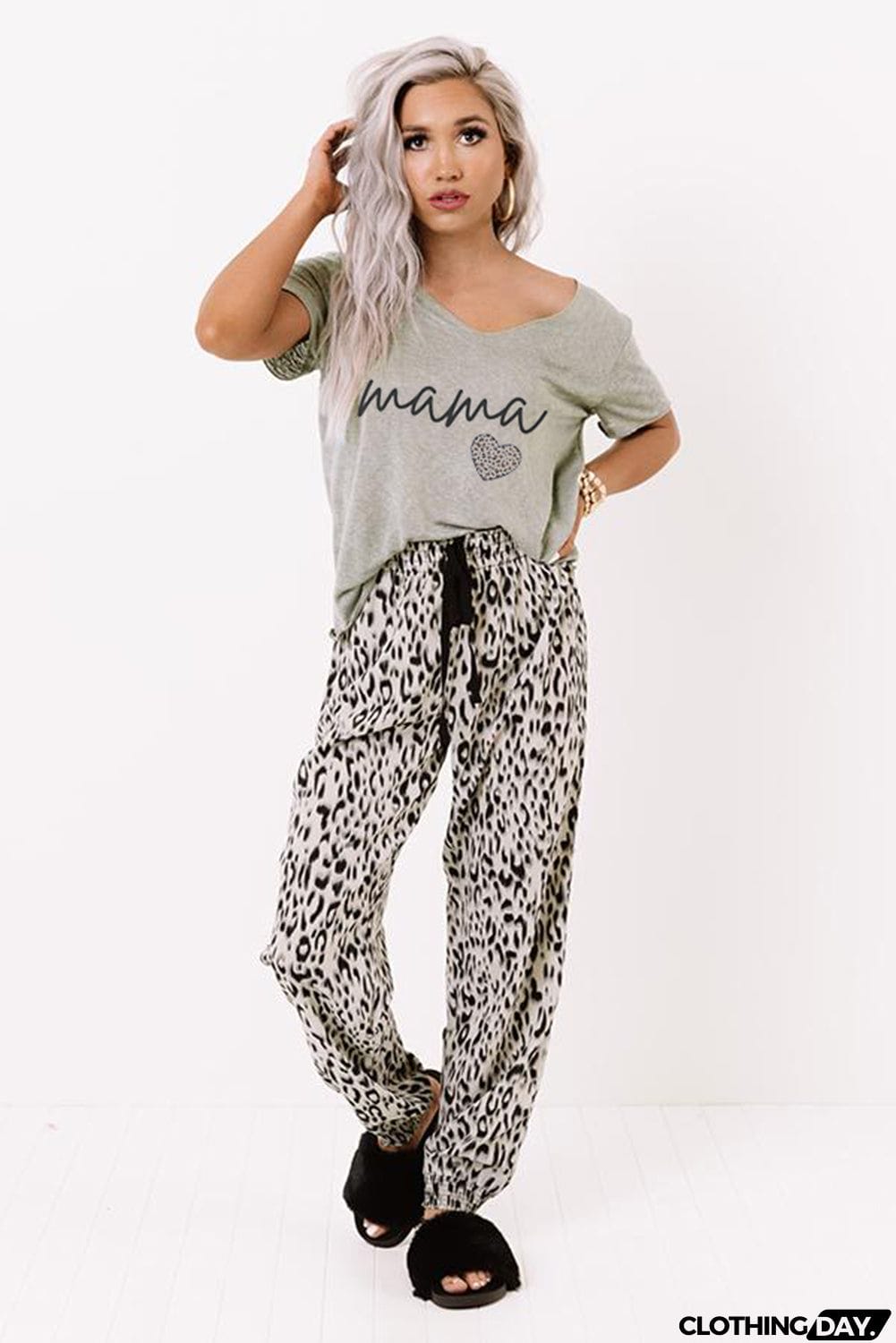 Print V Neck Elastic Waist Loose Lounge Set
