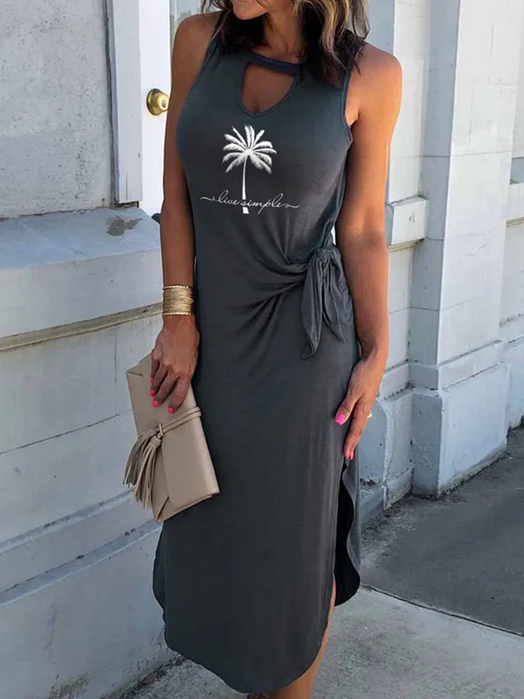 Retro Simple Hollow Slit Casual Harajuku Fashion Summer Midi Dress