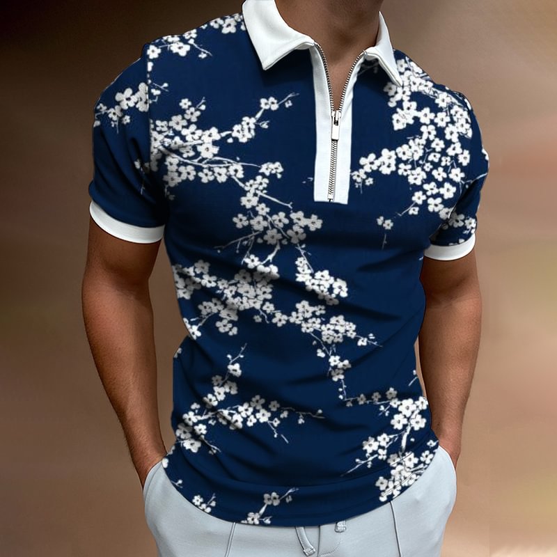 Plum Flower Print Short-sleeved Polo Shirt、、URBENIE
