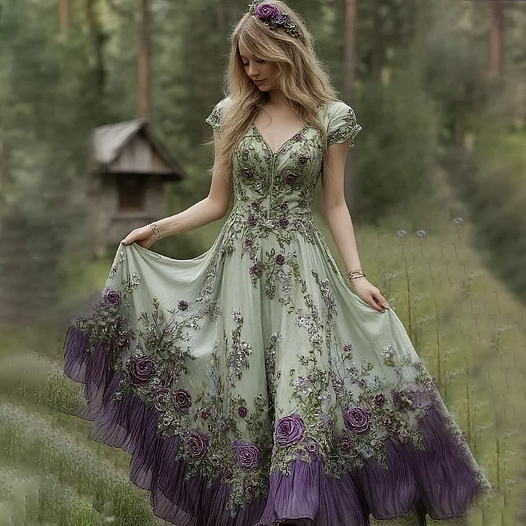 Classy Gradient Purple Lavender And Floral Embroidered Linen Maxi Dress