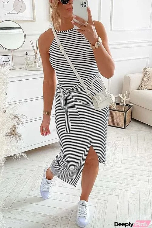 Striped Wrap Tie Asymmetric Halter Midi Dress