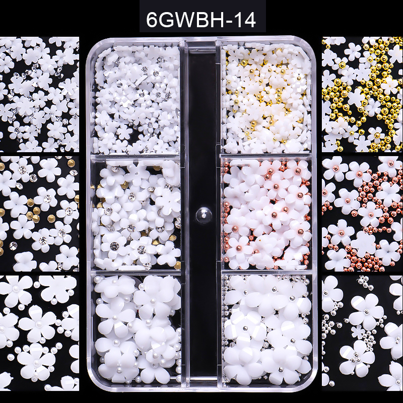 Gamfre 3D White Acrylic Flower Nail Art Decorations Mixed Size Florets Charms Jewelry Gem Beads DIY Nail Charms Design Accessories