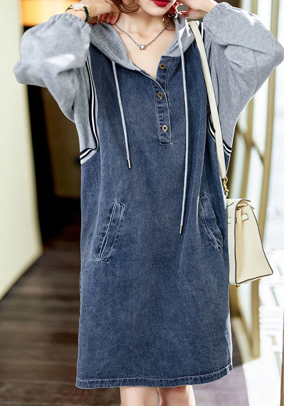 Summer Stitching Long Sleeve Hooded Denim Casual Plus Size Dress