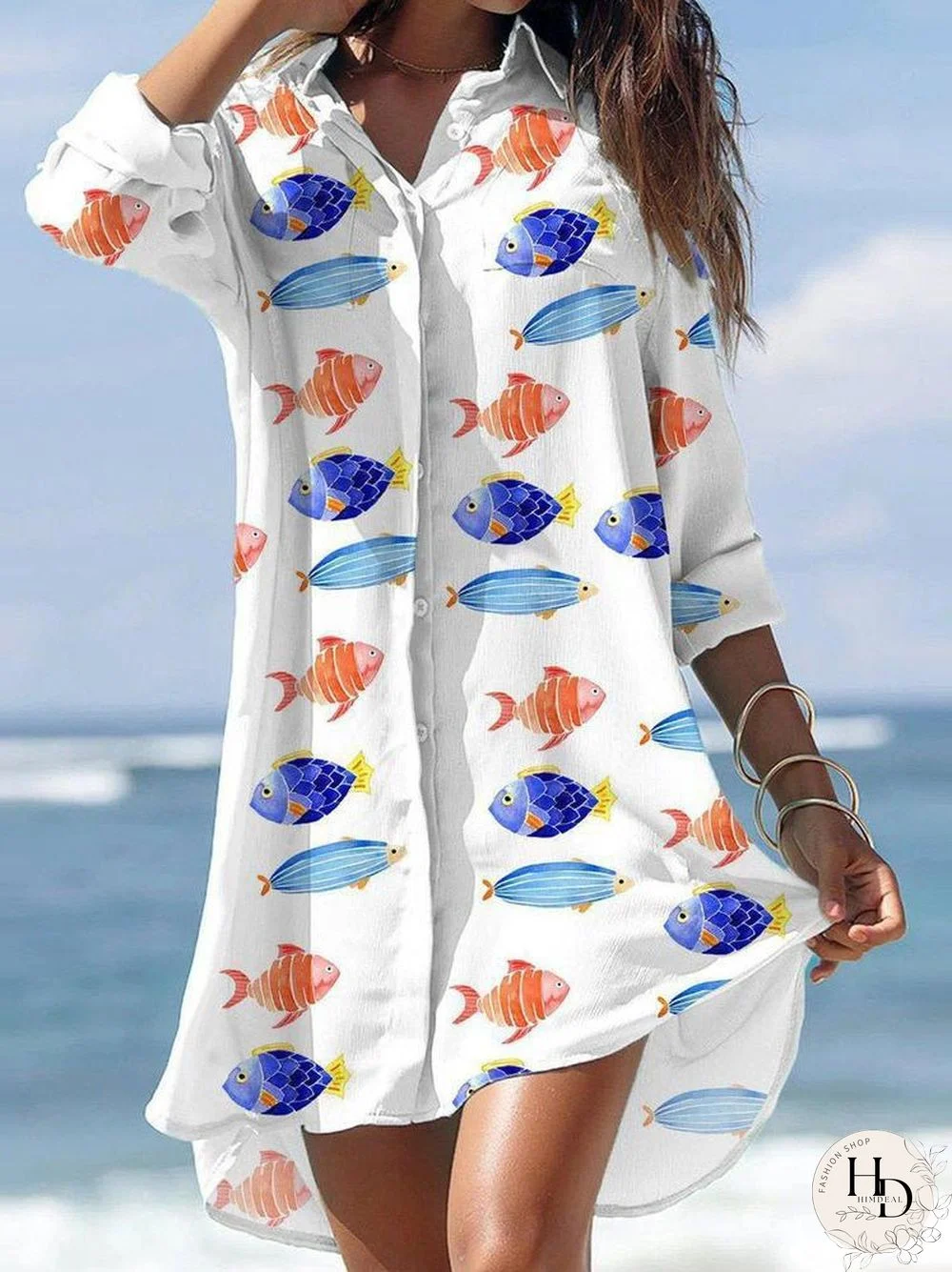 Women'S Dresses Loose Print Pocket Long Sleeve Shirt Dress