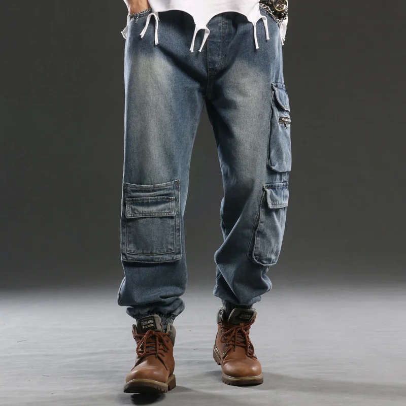 Vintage Multi-pocket Elastic Waist Wide Leg Jeans