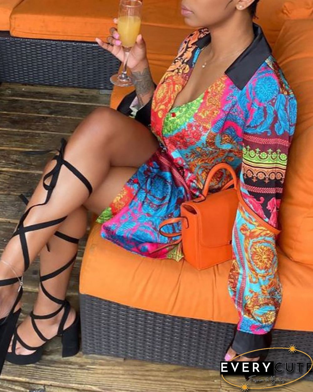 Scarf Print Buttoned Long Sleeve Shirt Dress