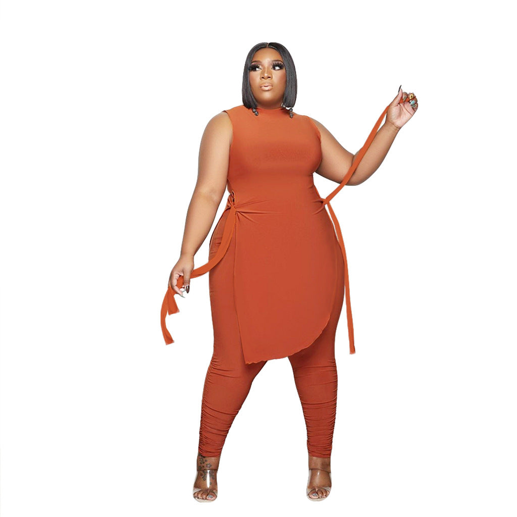 Plus Size Solid Color Tied Sleeveless Sexy Women Clothing Two-Piece Set