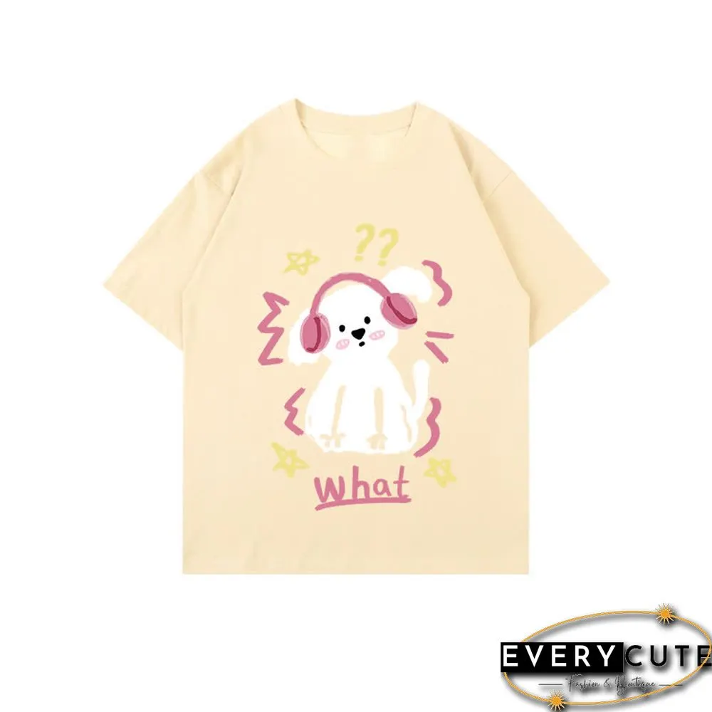 Kawaii Letter Puppy Print Round Collar Oversized T-Shirt