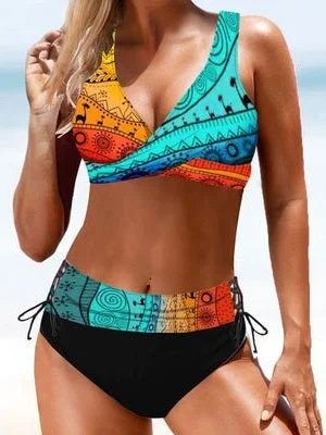 Women Sleeveless V-neck Printed Graphic Bikini Swimwear