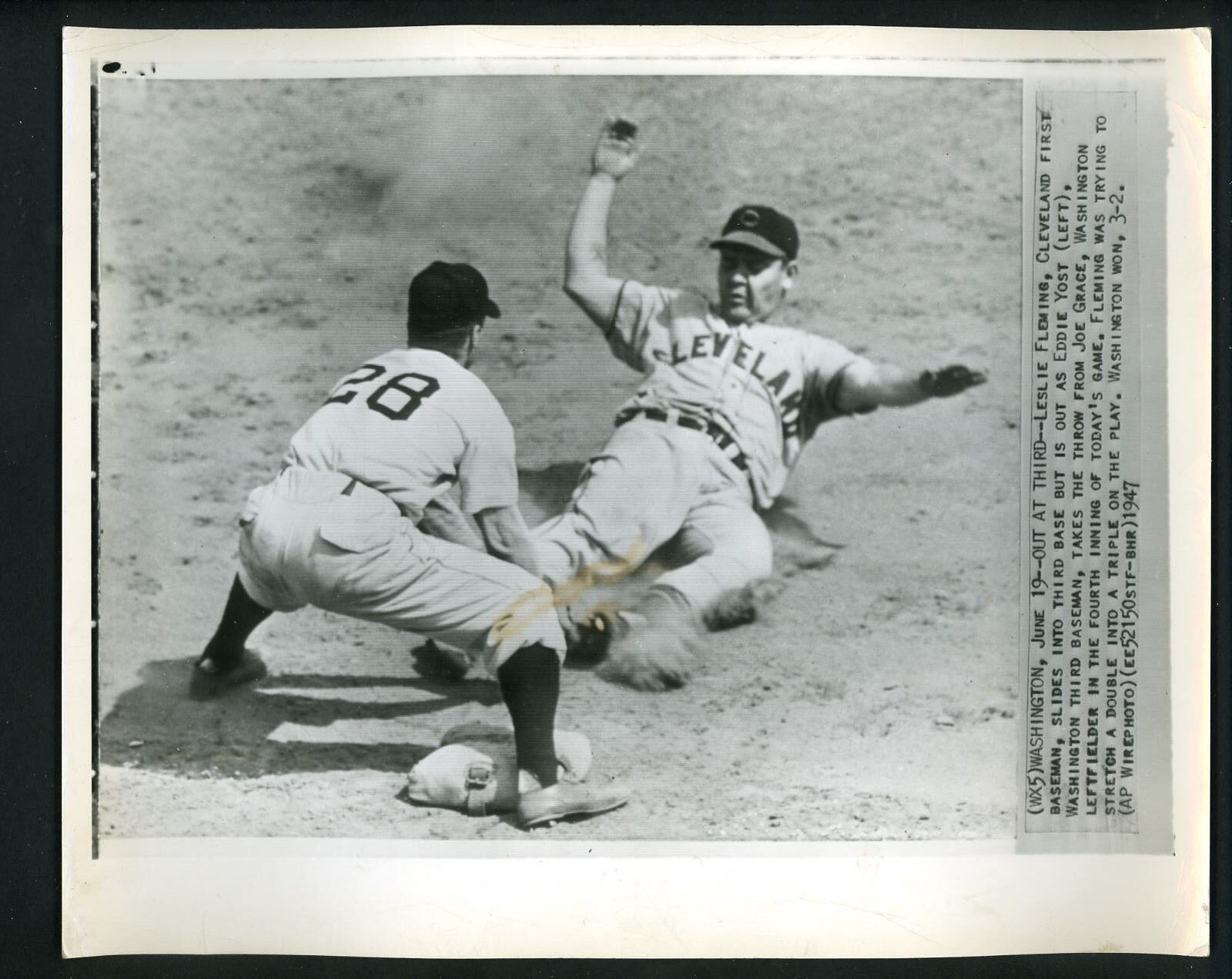 Les Fleming Eddie Yost 1947 AP Press Photo Poster painting Cleveland Indians Washington Senators