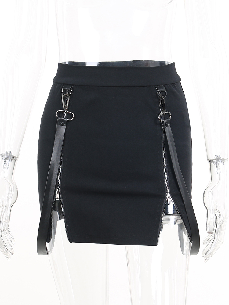 Goth Dark Mall Gothic Zip Split Sexy Women Mini Skirts Grunge Strap Black High Waist Pencil Skirt Punk E-girl Alt Party Clubwear