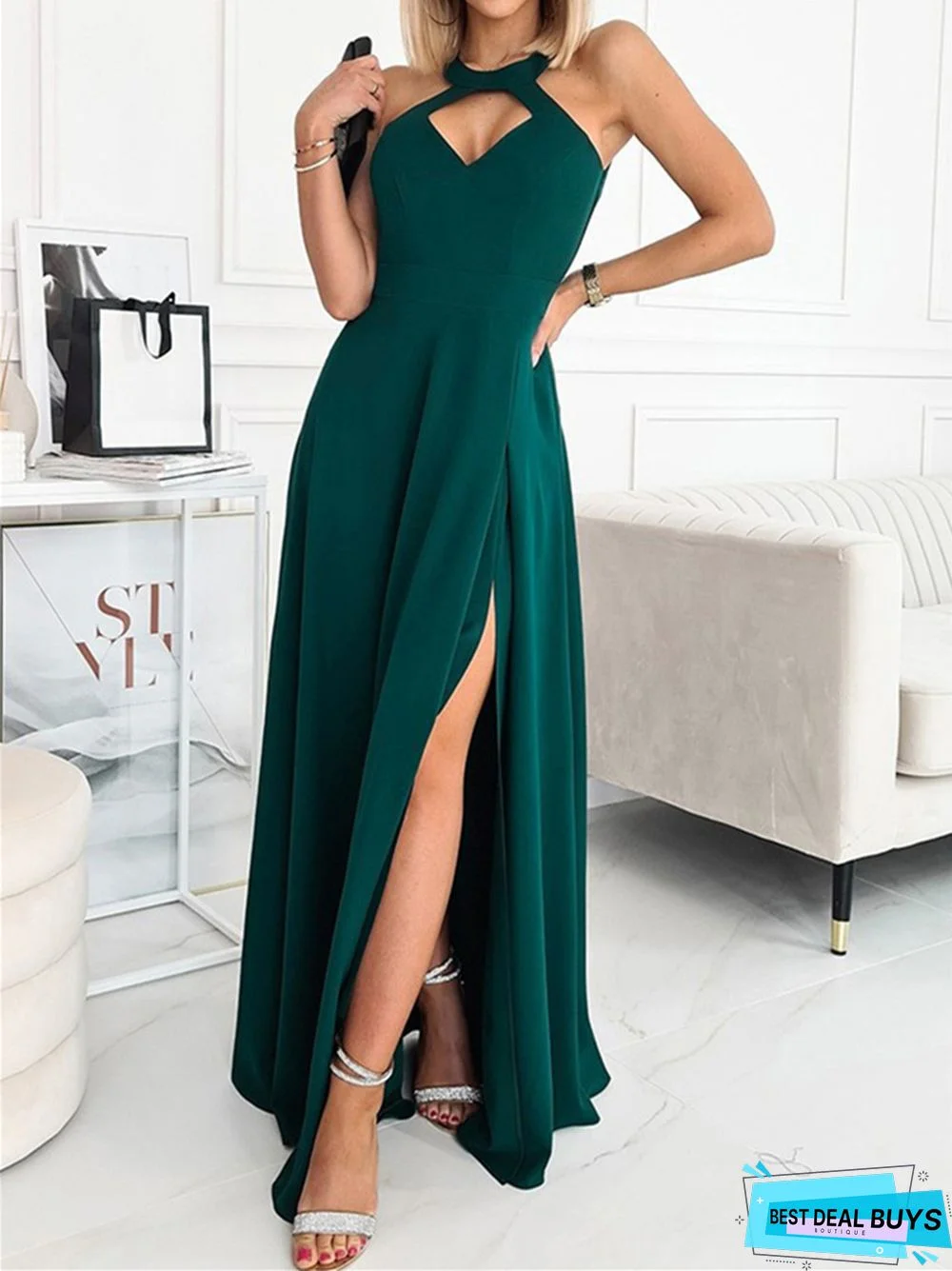Solid Color Sleeveless Waist Dress Full Skirt