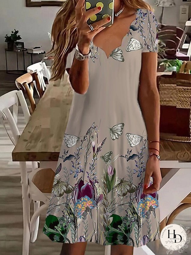 Casual Dress Summer Dress Print Dress Floral Print Scalloped Neck Mini Dress Active Fashion Outdoor Daily Short Sleeve Regular Fit White Light Green Green Summer Spring S M L XL XXL for Women