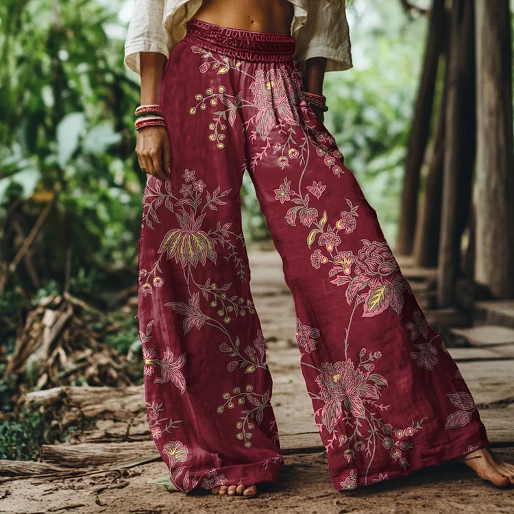Vintage Bohemian Floral Print Loose Wide-leg Pants