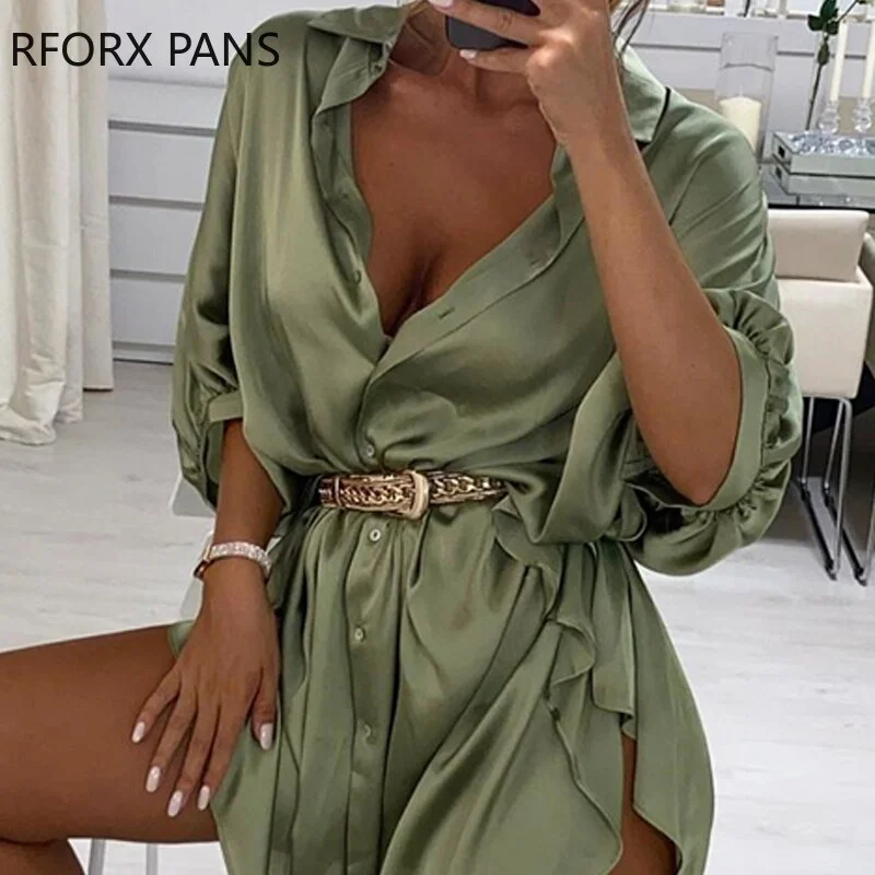 WomenSolid Long Sleeves  Ruffles Slit Satin Ruched Shirt Dress  Elegant Party Dress