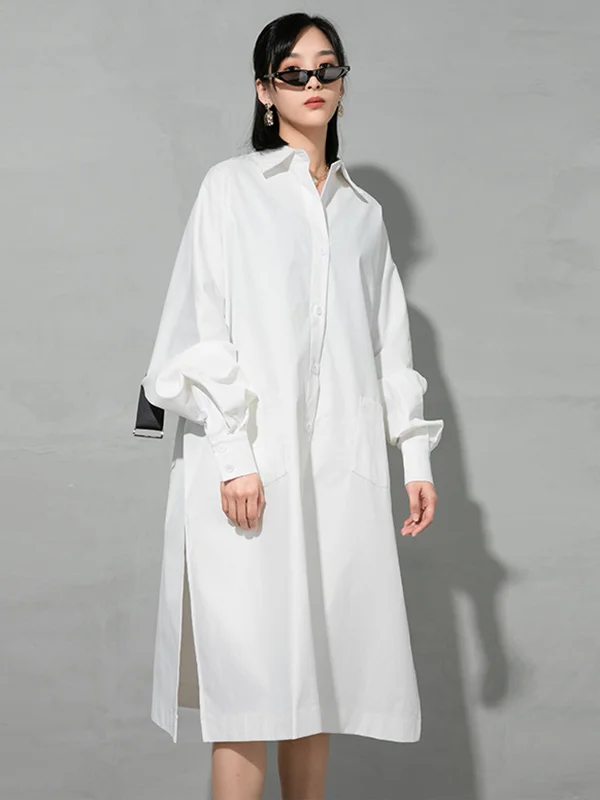 Simple White Split-Side Irregular Long Sleeve Shirt Dress