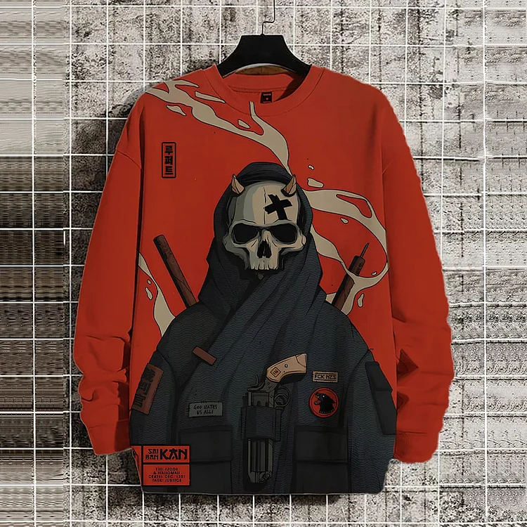 Men's Japanese Art Painting Skeleton Warrior Print Casual Sweatshirt