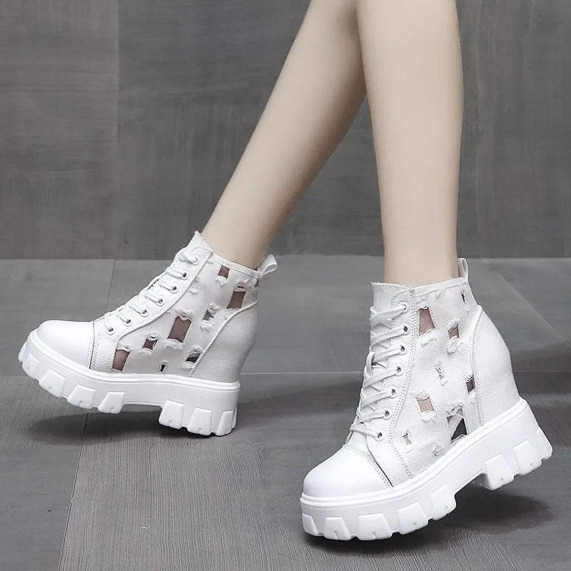 2022 Autumn Hollow Out Canvas Ankle Boots For Women Round Toe Lace Up Hidden Heels Shoes Woman Chunky Platform Booties