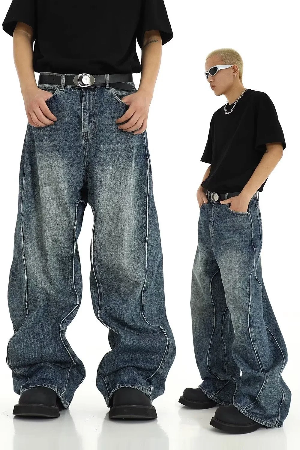 Aonga baggy jeans Retro High Street Straight-Cut Ripped Jeans Men's Ins Fashionable Washed Niche Design Loose Wide-Leg Trousers aonga