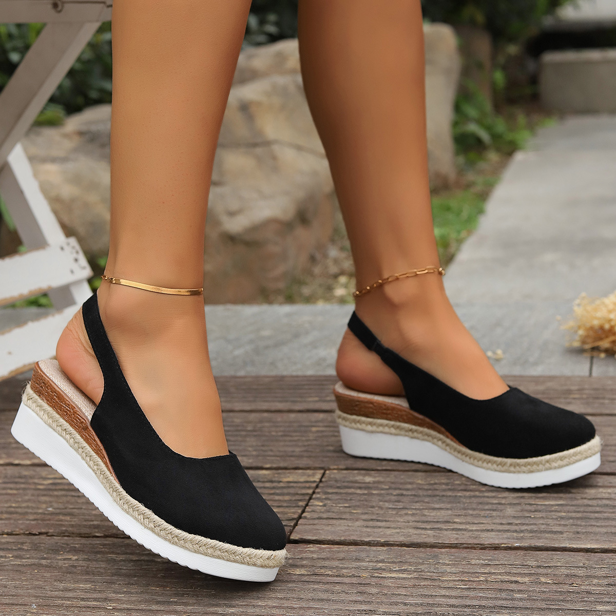 Mature Women Solid Color Shoes Round Toe Platform Plus Size Sandals