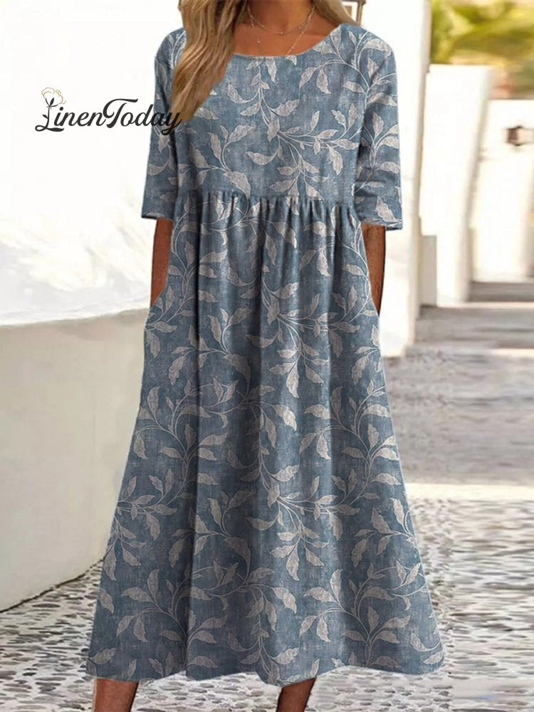 Spring Vines Pattern Printed Women’s Pocket Cotton Dress Blue / S