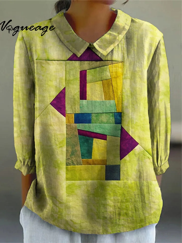 Stylish And Simple Geometric Puzzle Printed Cotton And Linen Shirt