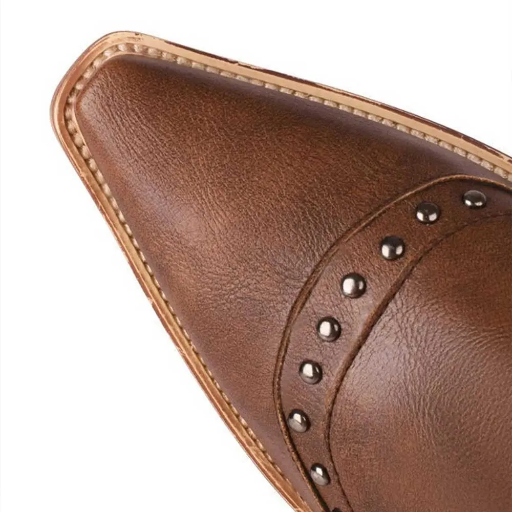 Brown Block Heel Snip Toe Studded Mid Calf Cowboy Boots for Women