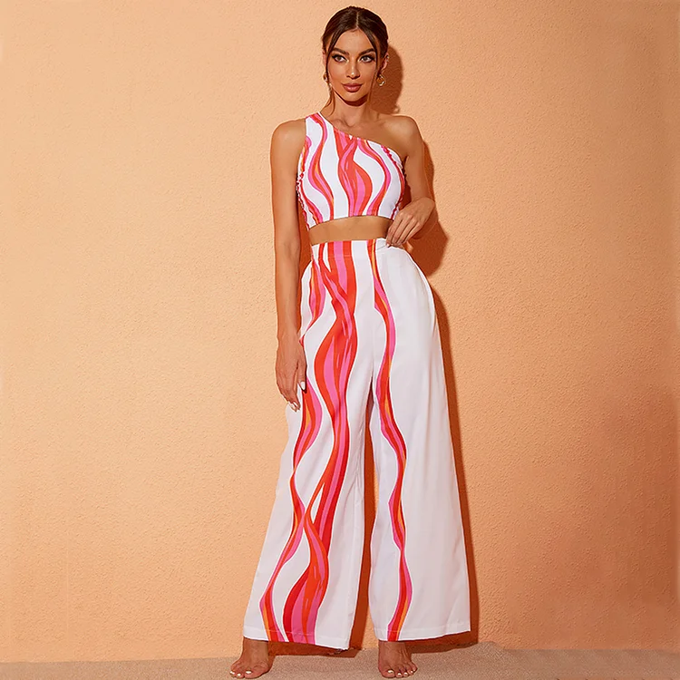 One Shoulder Printed Bikini Swimsuit and Pants Flaxmaker