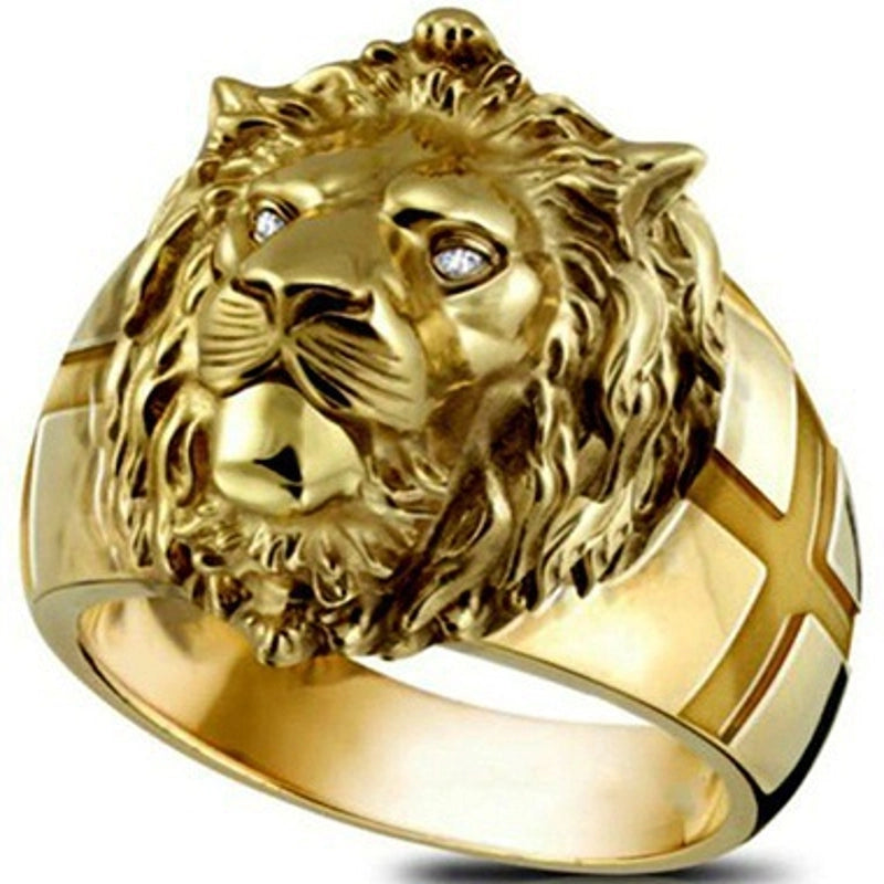 Wish Hot Selling Electroplated Gold Lion Head Men's Ring Personality Cross Ring Men's First Jewelry