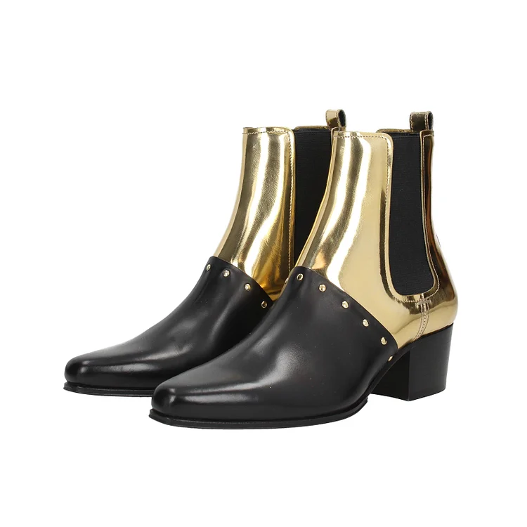 Black and Gold Chelsea Boots Block Heel Rivets  Ankle Boots |FSJ Shoes