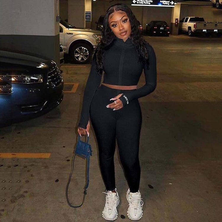 Autumn Ribbed Tracksuit Set Women Two Piece Outfits Work Out Sweat Suits Crop Top Women Set Fitness Sweatsuit Female