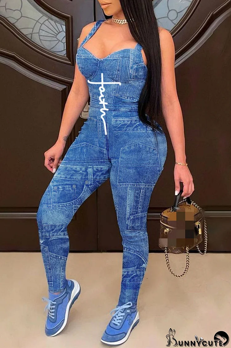 Blue Fashion Sexy Print Patchwork Backless Spaghetti Strap Skinny Jumpsuits