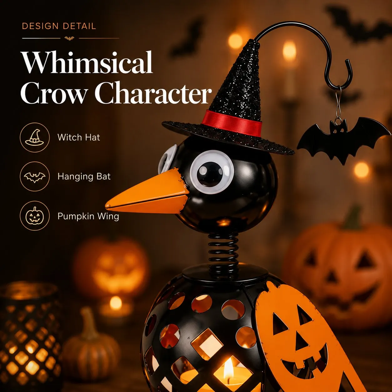 Cute Black Crow Witch Hat Halloween Decor