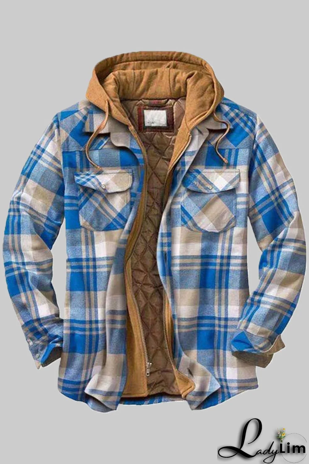 Sky Blue Fashion Casual Plaid Split Joint Hooded Collar Outerwear