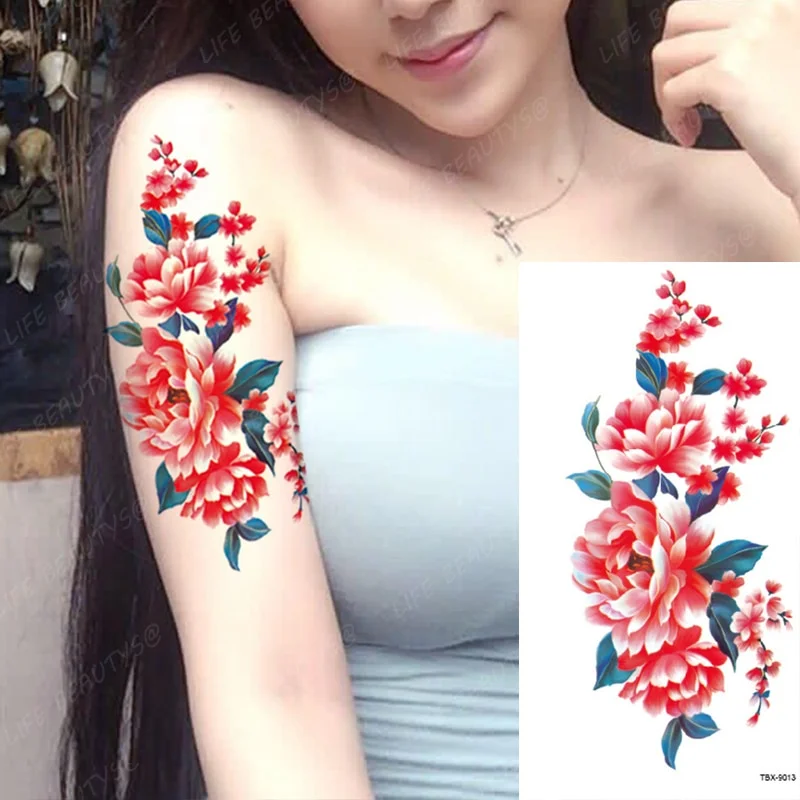 Sdrawing Temporary Flower Tattoos Women Fashion Beauty Rose Butterfly Flash 3D Fake Tattoo Arm Sleeve Pink Blue Sticker Girl