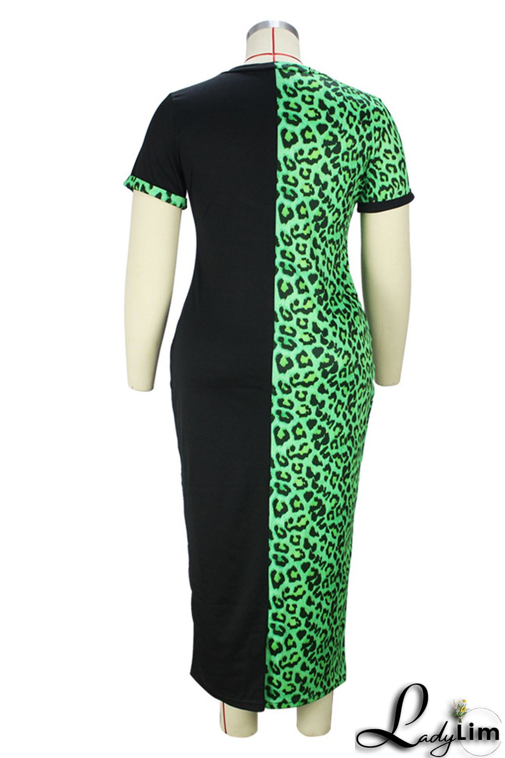 Green Fashion Casual Plus Size Print Leopard Patchwork O Neck Short Sleeve Dress