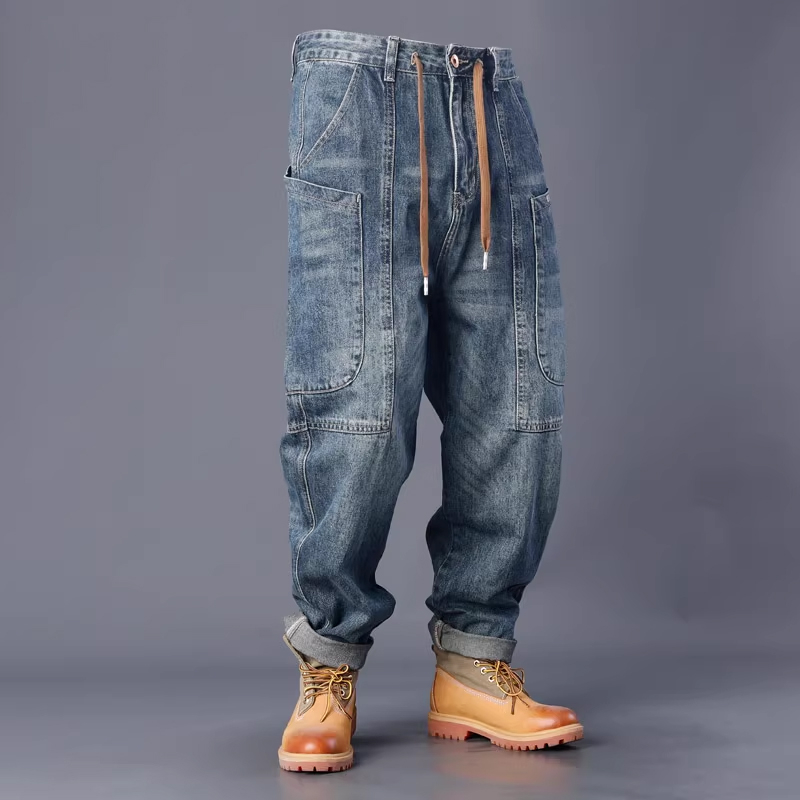 Loose Straight-leg Washed Denim Distressed Multi-pocket Cargo Jeans