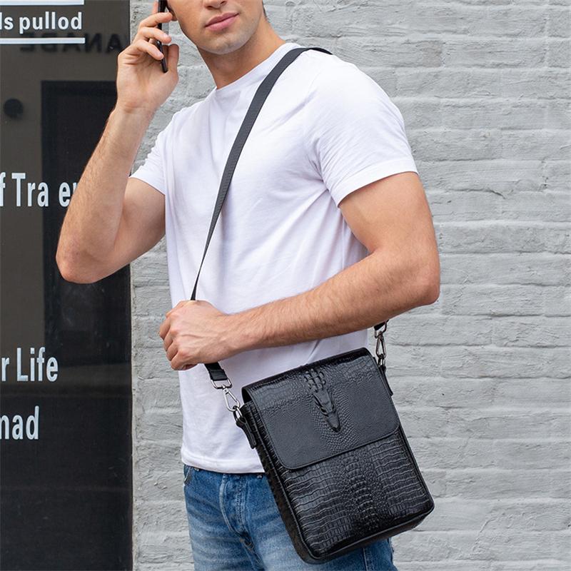 Foldover Top Detachable Sling Strap Crocodile Textured Genuine Leather Messenger Bag