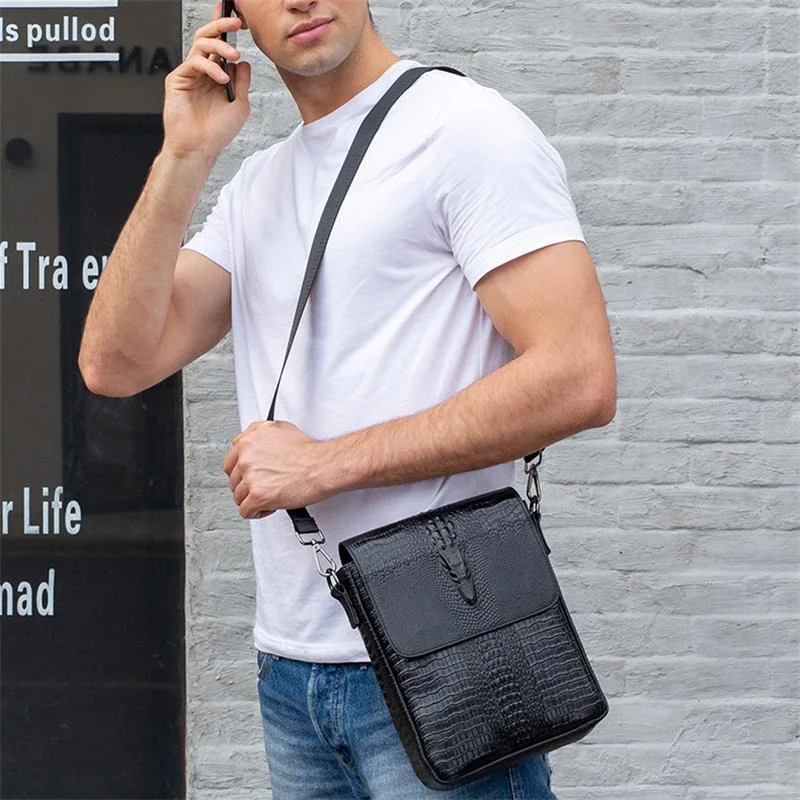 Foldover Top Detachable Sling Strap Crocodile Textured Genuine Leather Messenger Bag