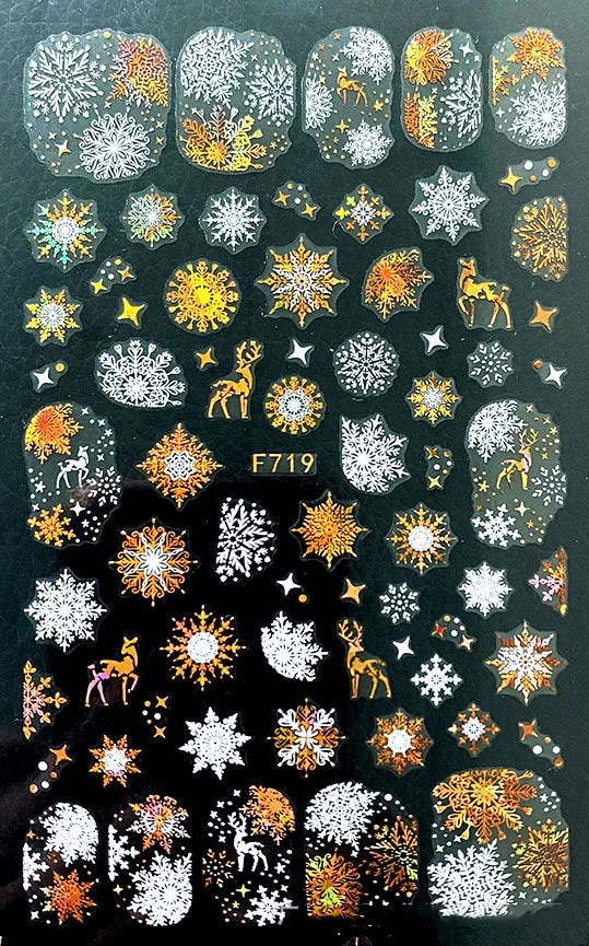 Christmas SnowflakeGold 3D Nail Stickers Sparkly iridescent Silver Xmas Tree Elk Deer Transfer Sliders Winter Nails Accessories-Nail Inspo
