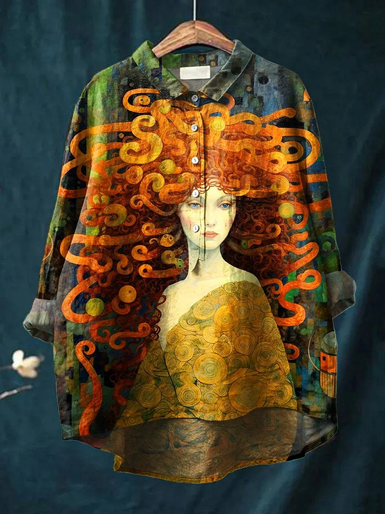 Women's  Medusa Art  Print Casual Cotton And Linen Shirt