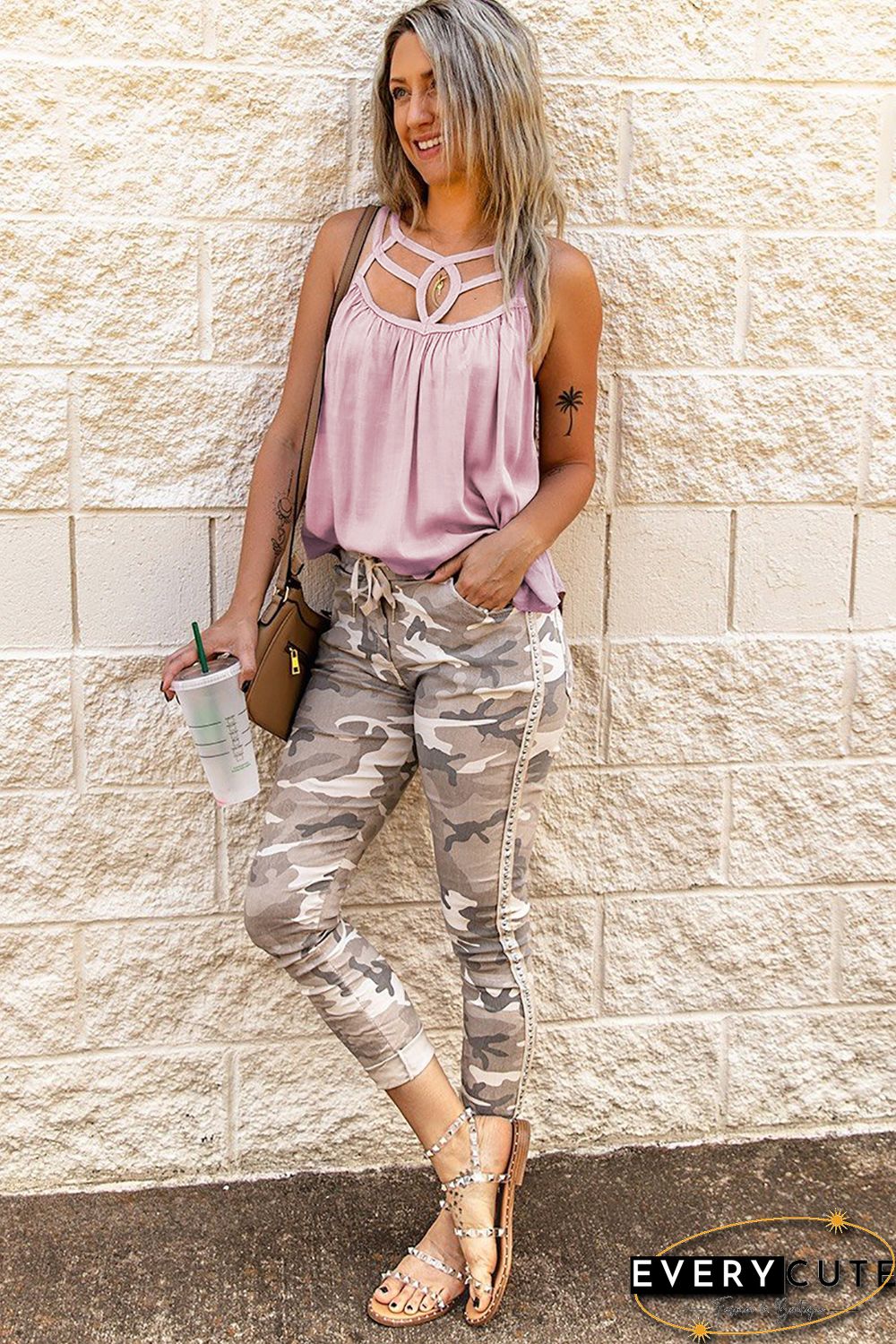 Pink Hollow-out Tank Top