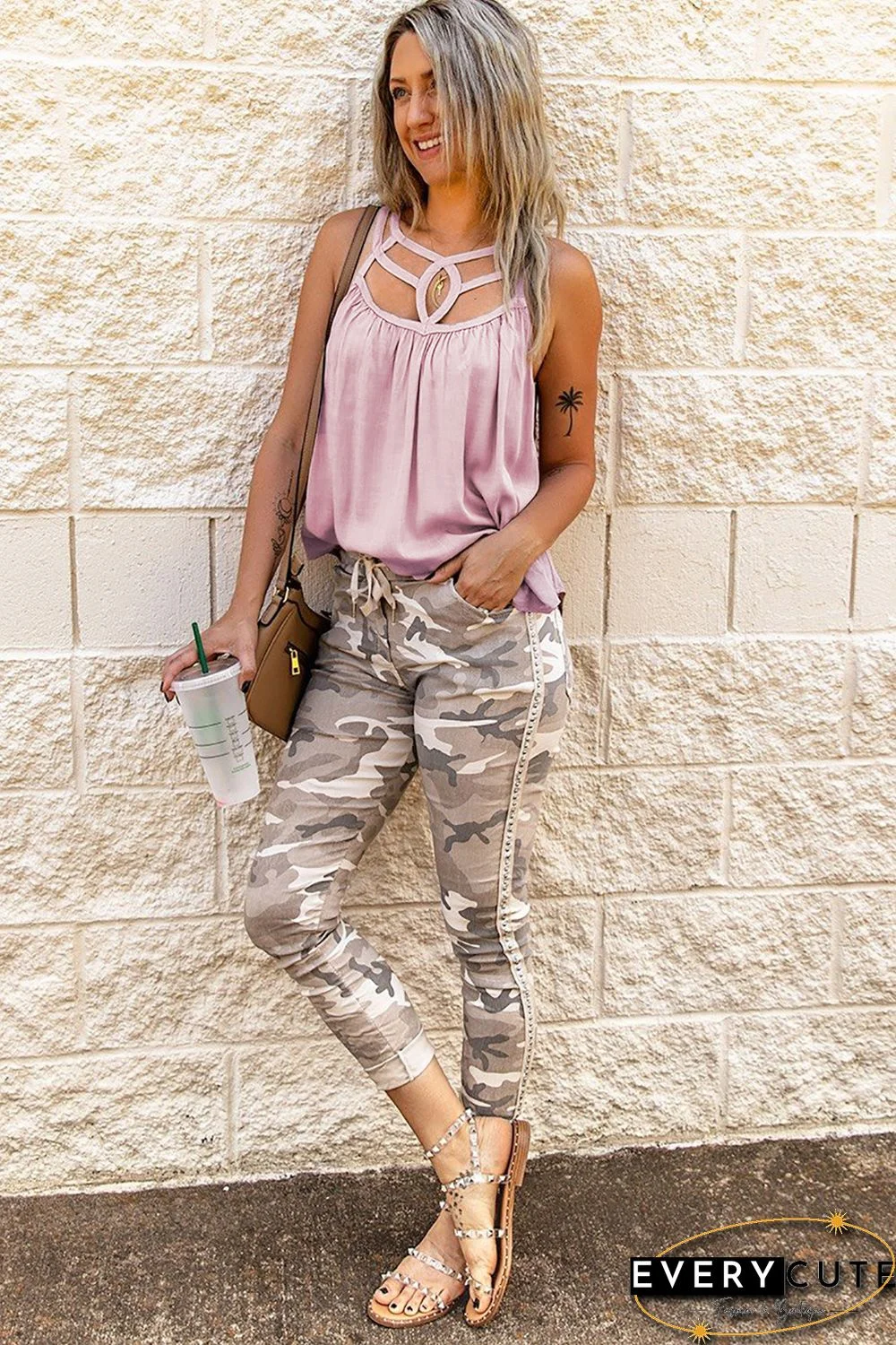 Pink Hollow-out Tank Top