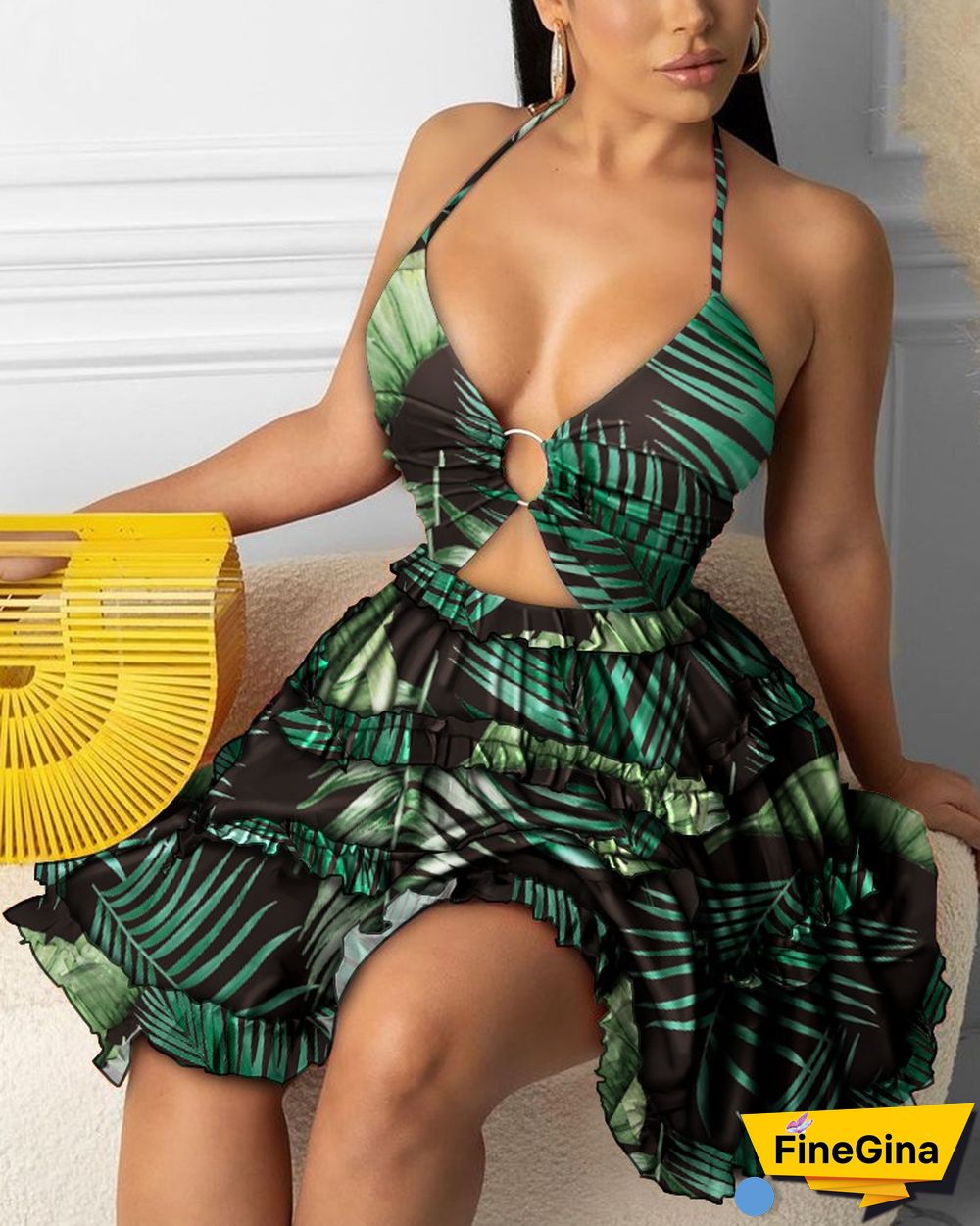 Cami Deep-V Tropical Print Frill Hem Dress