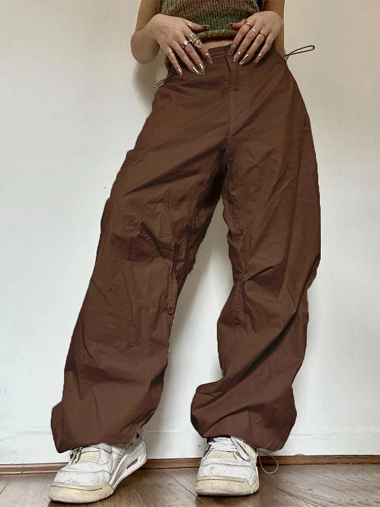 Jacqueline Y2K Wide Leg Cargo Pants Women Drawstring Baggy Low Waist Fashion Hippie Trousers Pocket Casual Street Vintage Brown